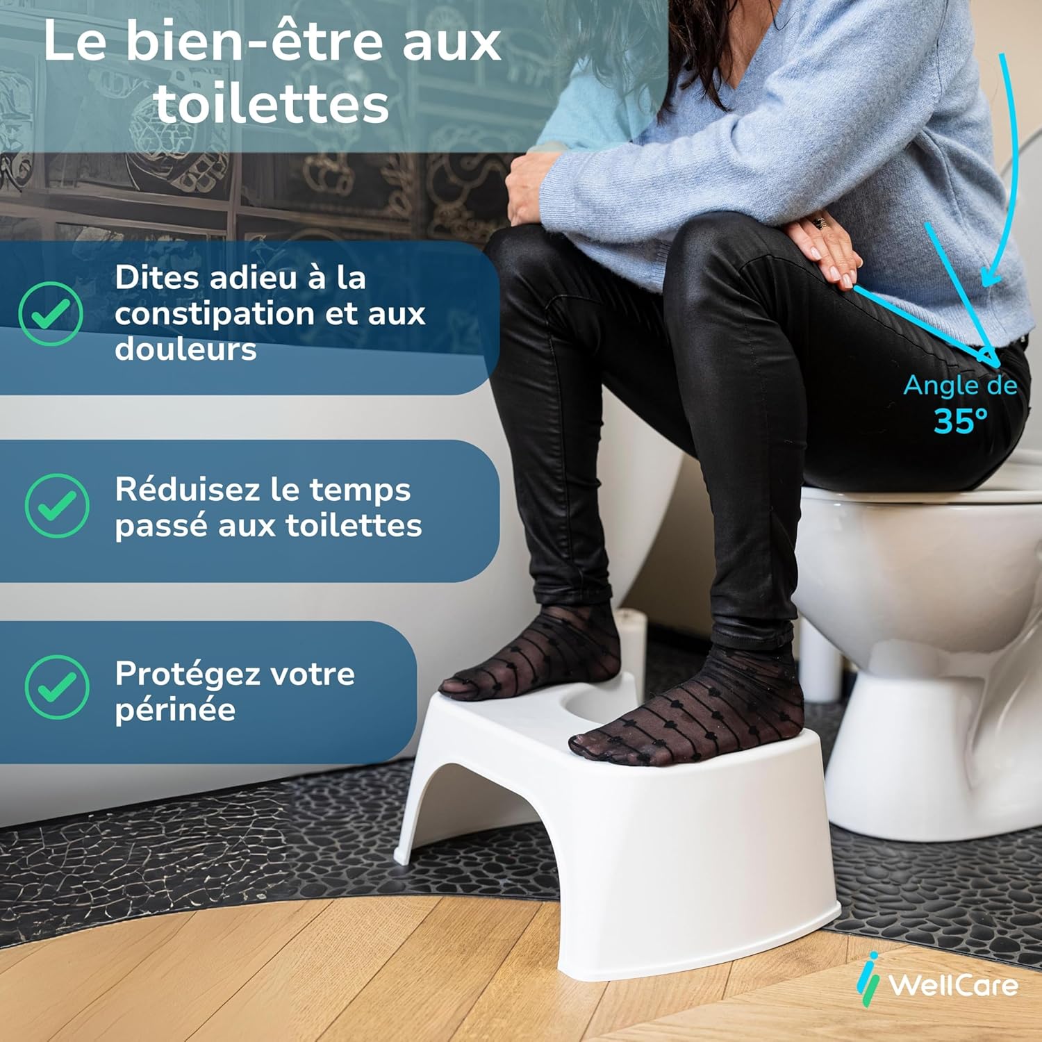 Tabouret de toilette - plastique recyclé noir - fabriqué en France - position squat anti constipation - dimensions compa