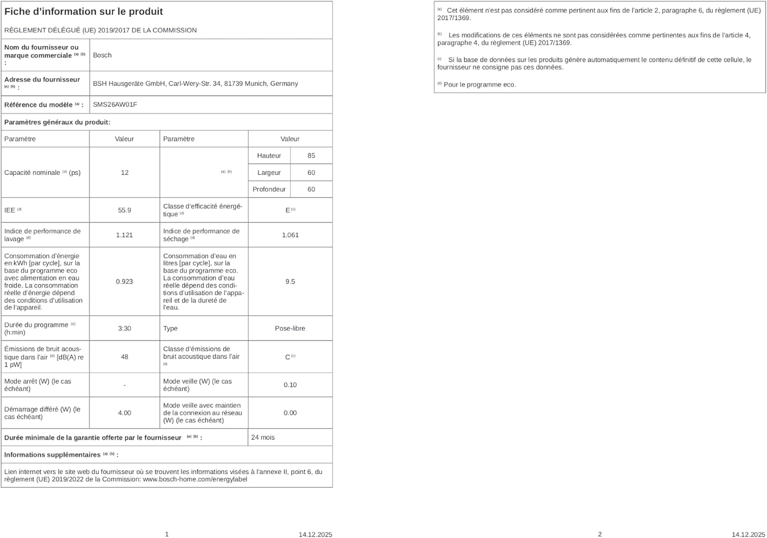 Bosch - Série 2 SMS26AW01F - lave-vaisselle 60cm, pose libre, blanc