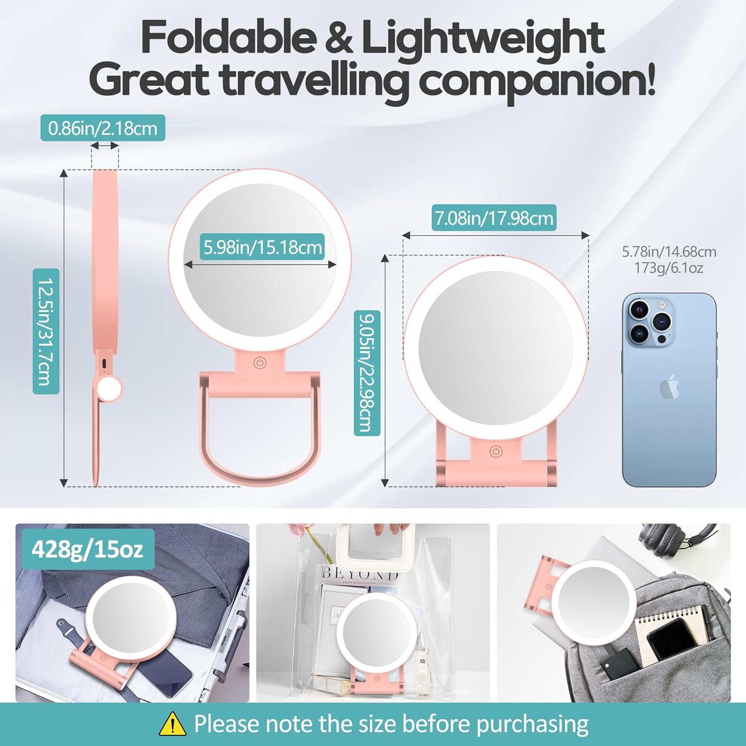 B Beauty Planet – miroir double face 1x/30x, 2000mAh, LED, réglable