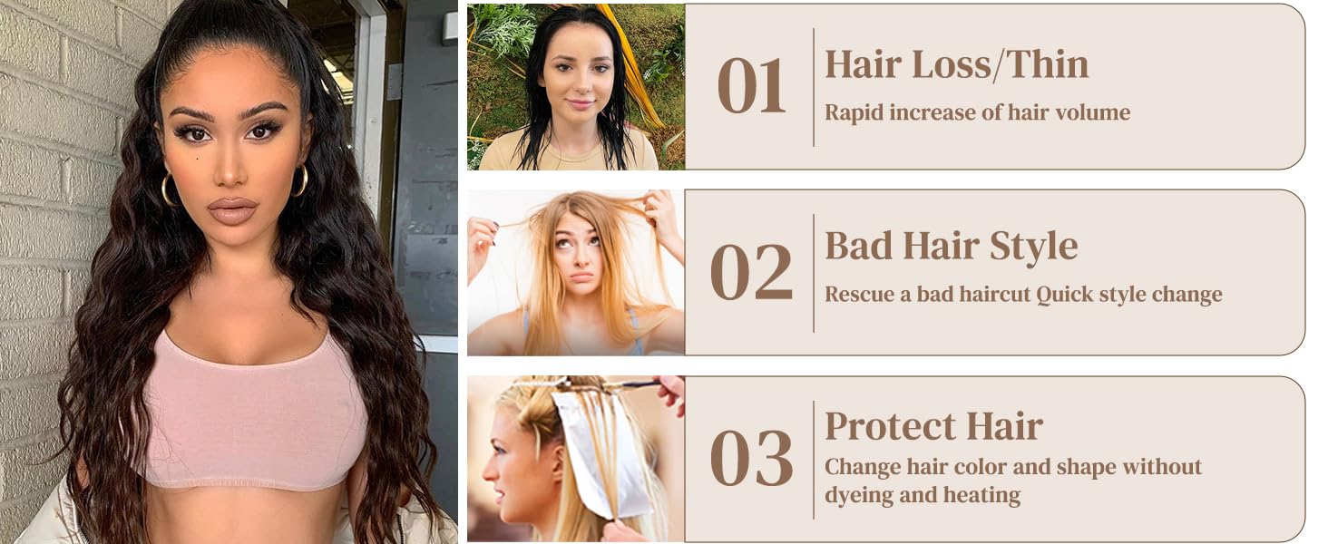 présentant trois problèmes capillaires : 1. Perte de cheveux/minceur, 2. Bad Hair Style, et 3. Protect Hair, accompagné d'images illustrant chaque numéro.