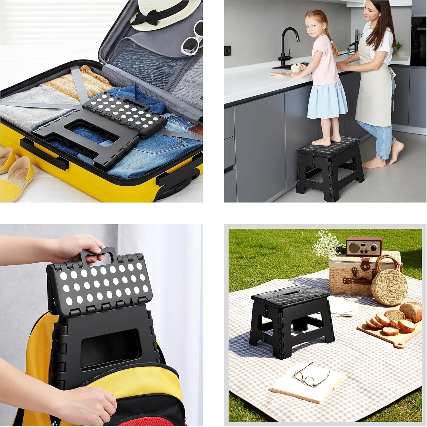 Utopia Home - Tabouret pliant 23 cm - antidérapant, portable, charge 272 kg, noir