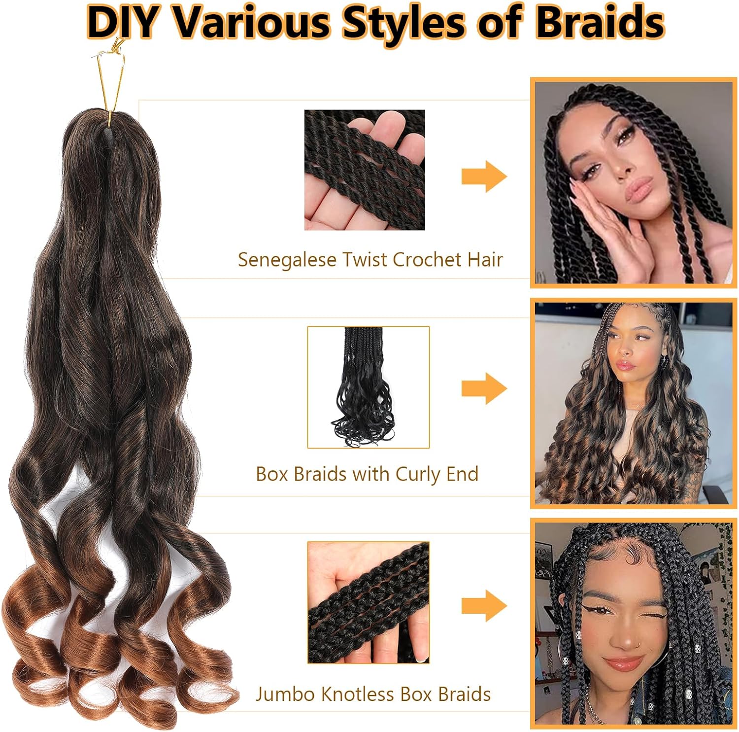 French Curl Braids - tresses bouclées 56cm, 8 paquets, effet wavy 1B/30