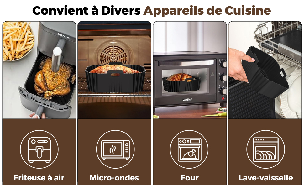 Le texte se lit comme suit : « Convient à divers appareils de cuisine », « Friteuse à air », « Micro-ondes », « Four », « Lave-vaisselle ». Icônes de compatibilité des produits illustrant les différentes utilisations des appareils de cuisine.