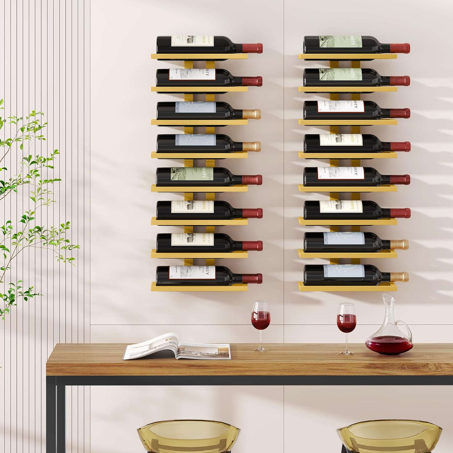 FAVOOSTY - Porte-bouteilles mural 8 niveaux métal, doré, 80x20 cm
