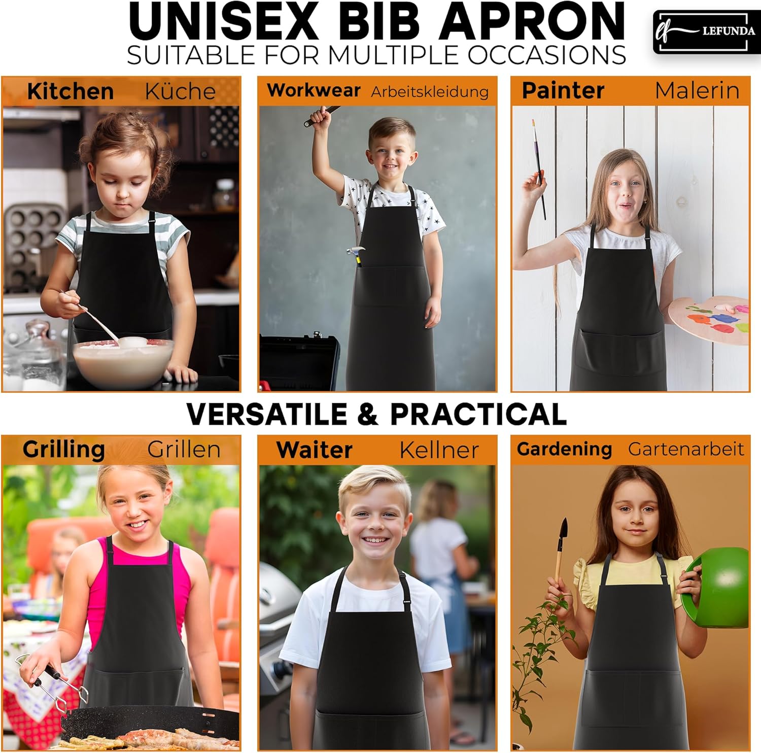 LEFUNDA - tablier cuisine réglable, 3 poches, étanche, longues lanières