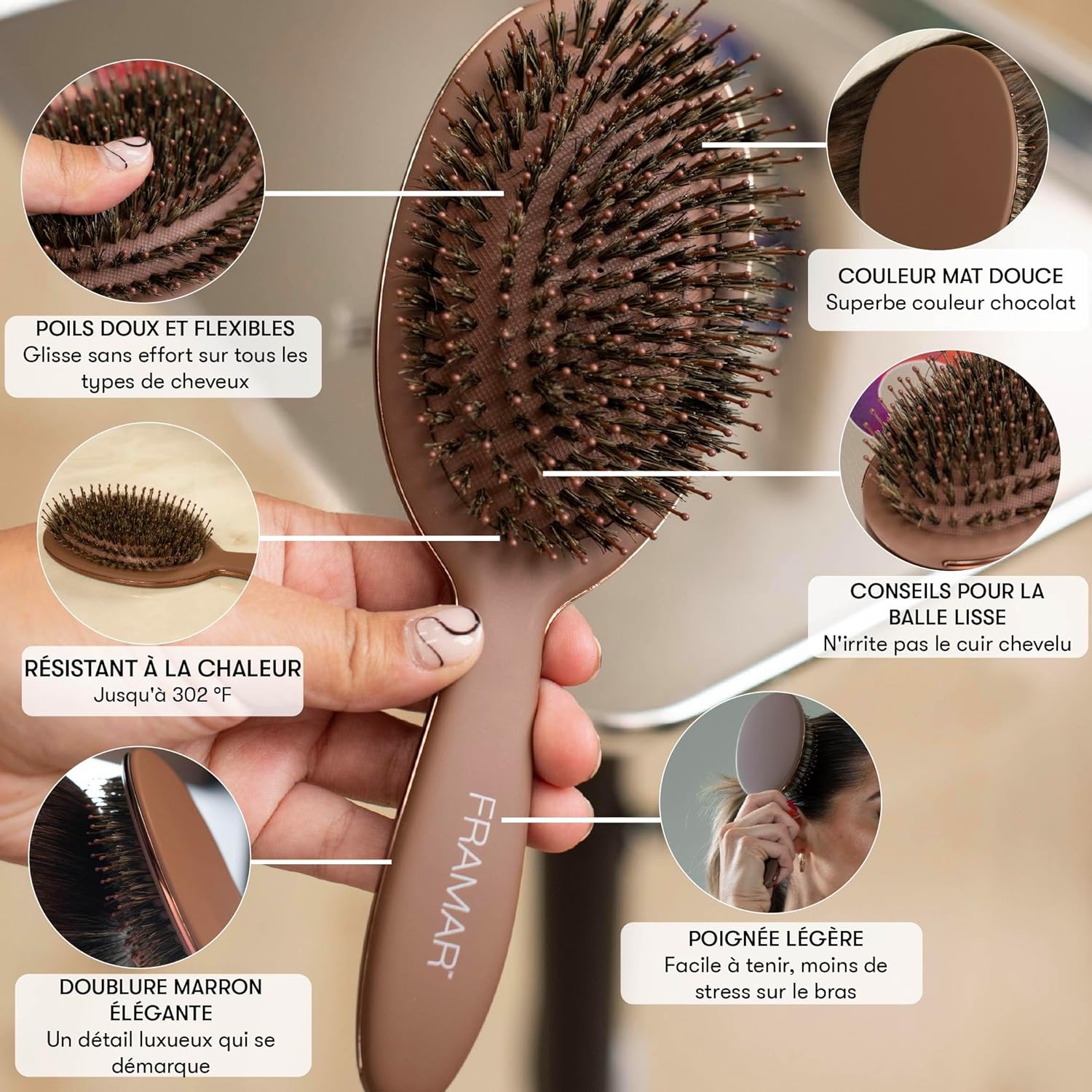 FRAMAR - brosse poils sanglier souple chocolat - effet plaqué, volume, brillance