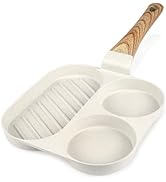 Poêle de cuisson divisée en céramique blanche à trois sections, manche en bois et surface antiadhésive. Conçu pour la préparation de plusieurs aliments.
