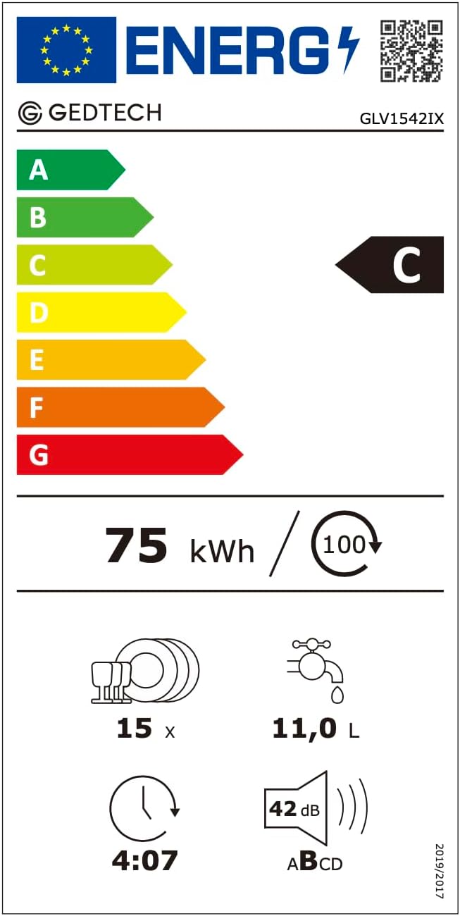 GEDTECH - Lave-vaisselle Série GLV - 15 couverts, inox, ultra silencieux, départ différé, classe C, GLV1542IX