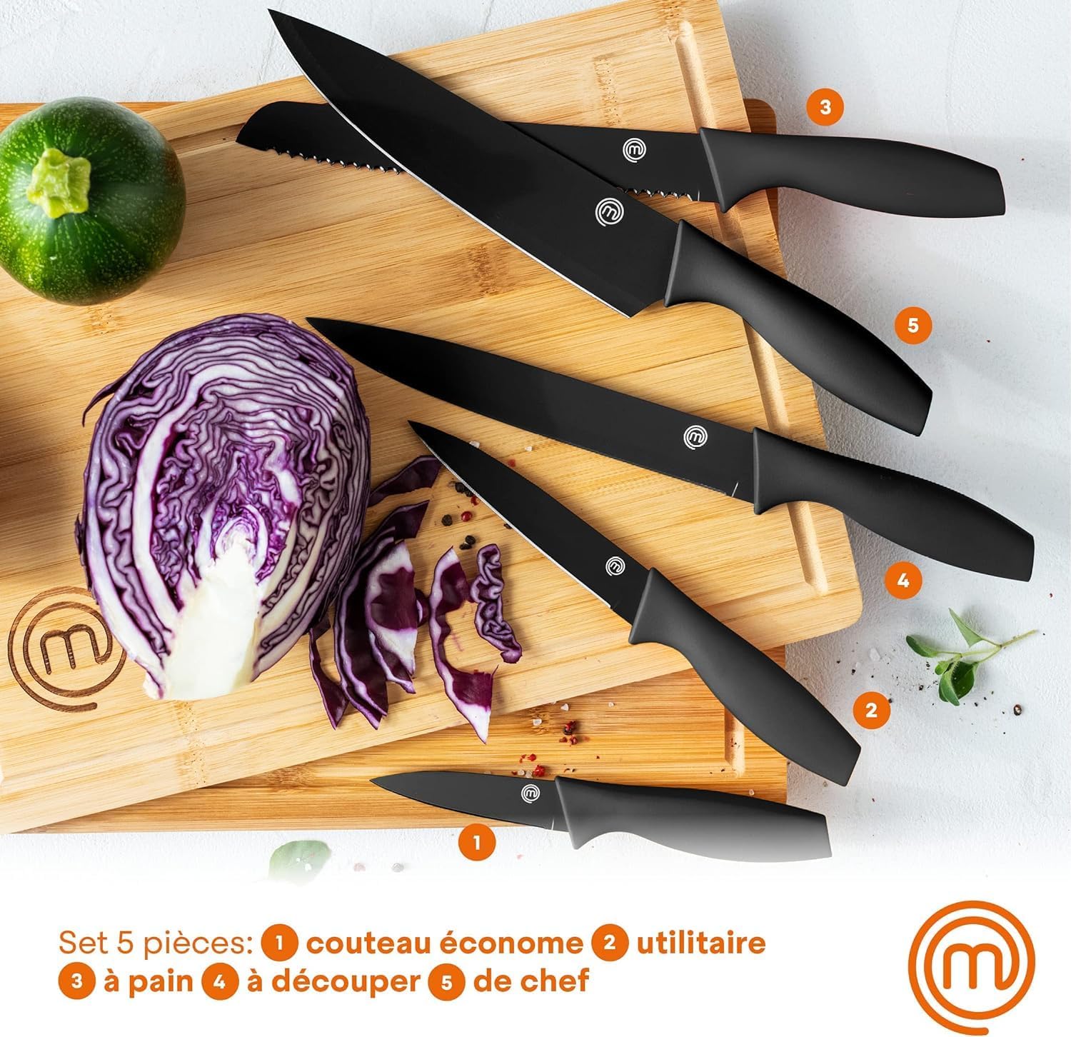 MasterChef - Set couteaux cuisine, 5 pièces, inox, revêtement antiadhésif, manche ergonomique