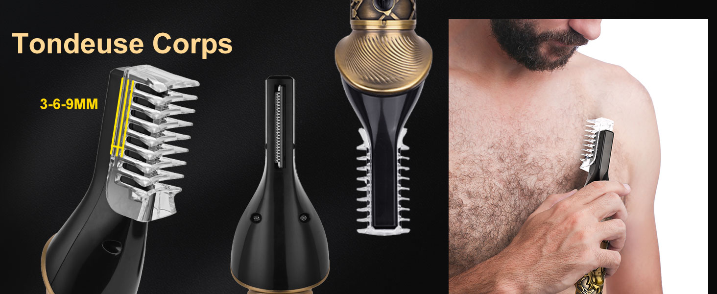 avec têtes amovibles pour différents besoins de toilettage. Utilisé sur les poils de la poitrine.