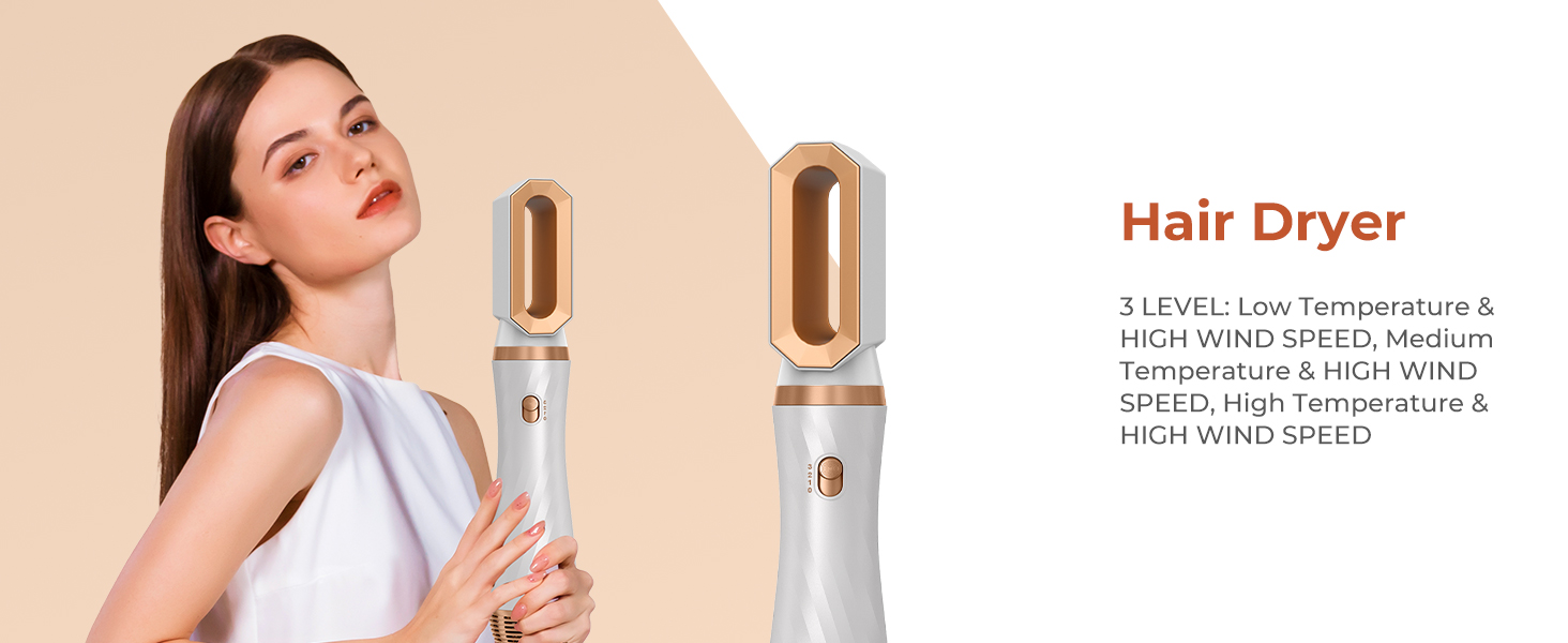 blanc avec bandes décoratives dorées, doté de 3 niveaux de température et de réglages à haute vitesse, illustré avec le texte des spécifications du produit.