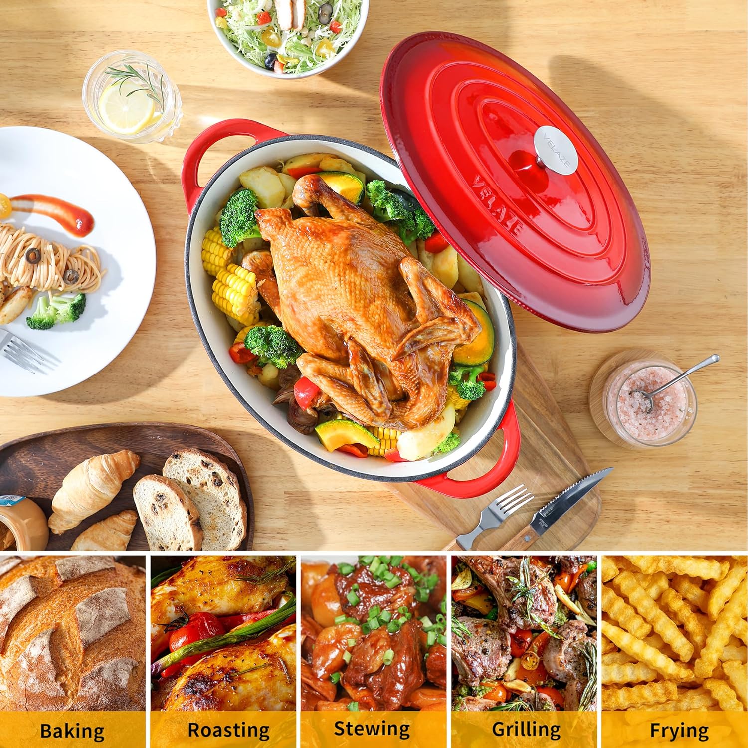 Velaze - Cocotte Ovale Émaillée 7L 34cm - Fonte, Induction, Rouge