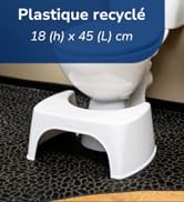 Repose-pieds en plastique blanc devant les toilettes. Le texte indique qu'il est fait de plastique recyclé et mesure 18 cm de haut sur 45 cm de