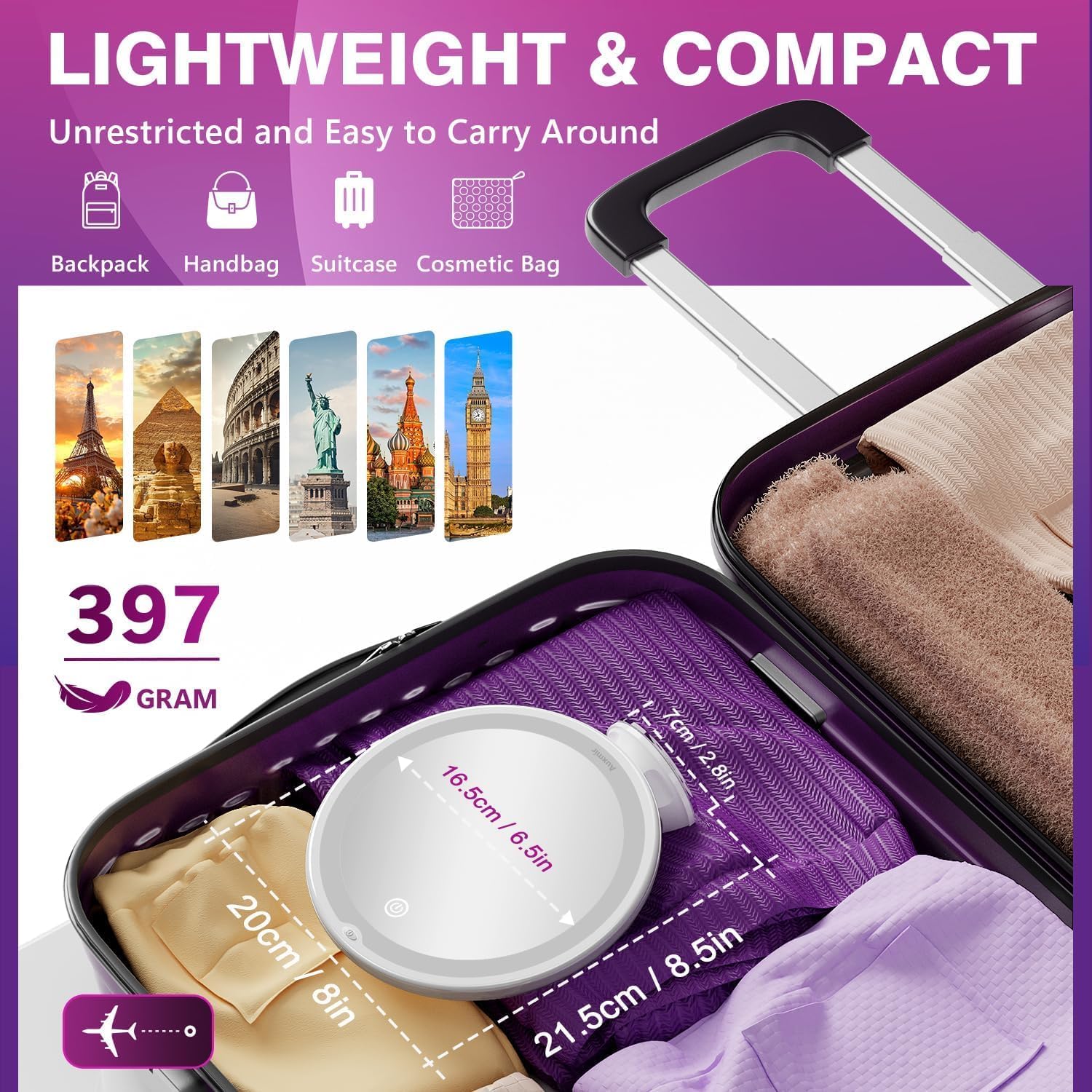 Auxmir - miroir grossissant 20X - LED 3 tons, ventouse, 360°, compact