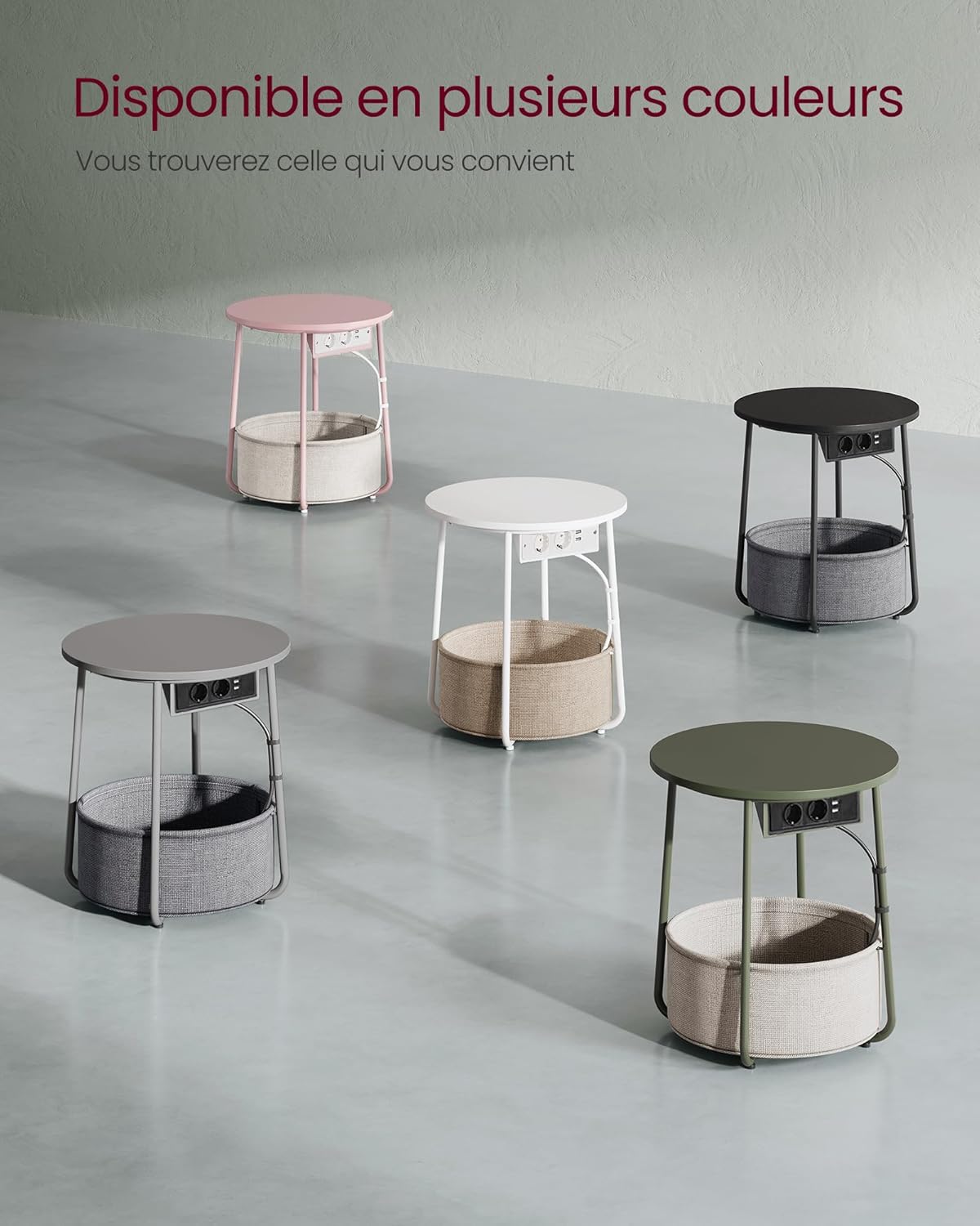 VASAGLE - Petite table basse moderne, 45x45x54 cm, panier tissu, multiprise, vert forêt/blanc crème, LET228C05
