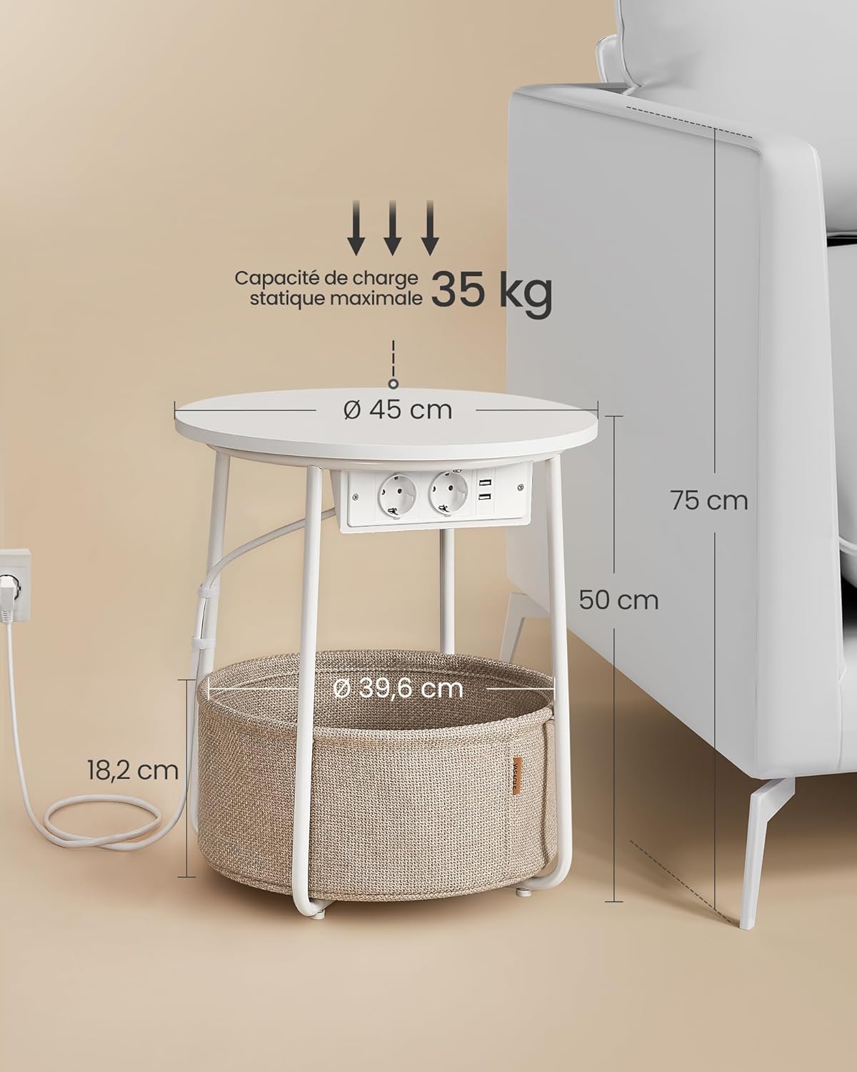 VASAGLE - Petite table basse ronde, panier tissu, multiprise, 40x40cm, style moderne, LET228W02