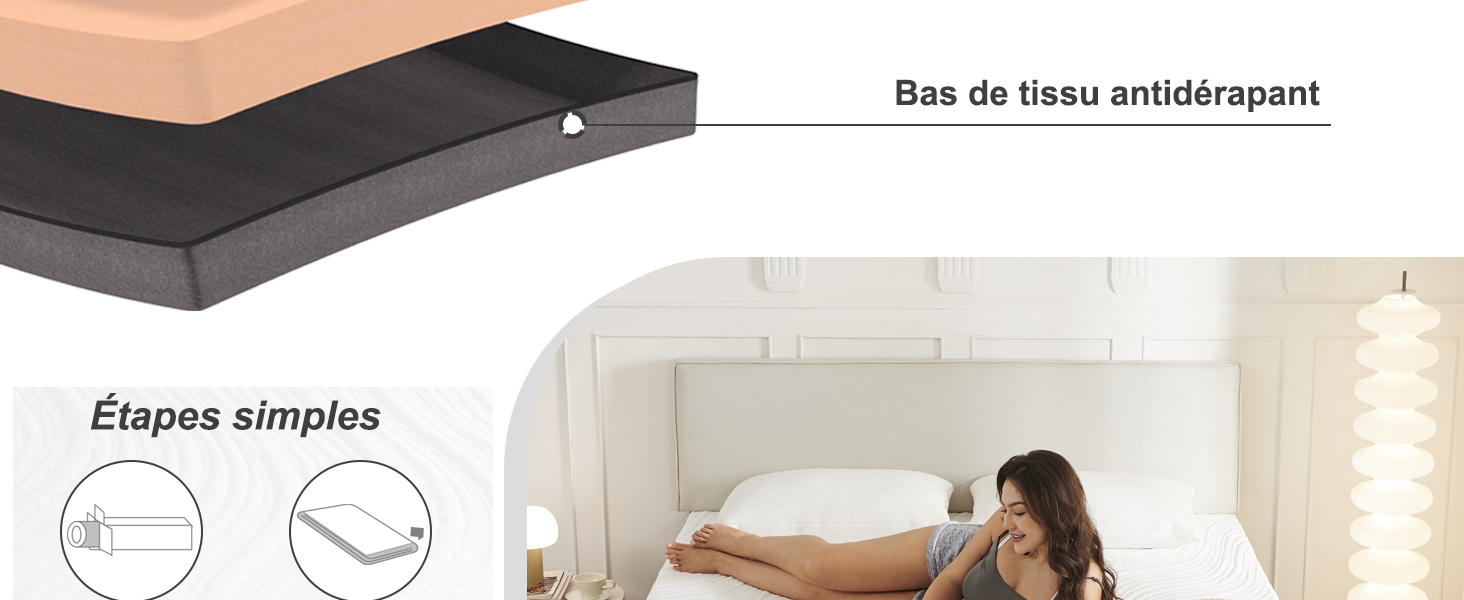 Image composite montrant une coupe transversale d'un matelas avec base antidérapante et une femme allongée sur un lit. Le texte indique « Étapes simples » et « Base en tissu antidérapant