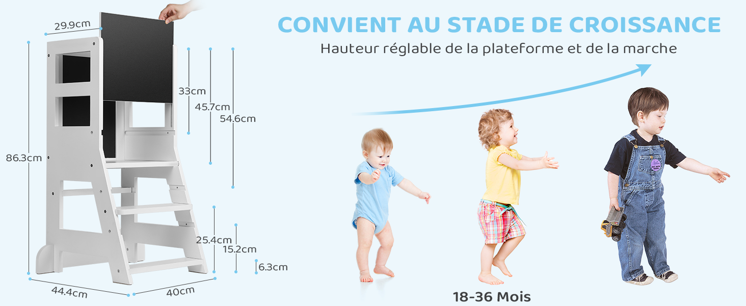 Escabeau ou tour d'apprentissage en bois blanc pour enfants. Le schéma montre la hauteur réglable. L'image montre trois enfants de plus en plus âgés utilisant le produit, avec du texte en français.