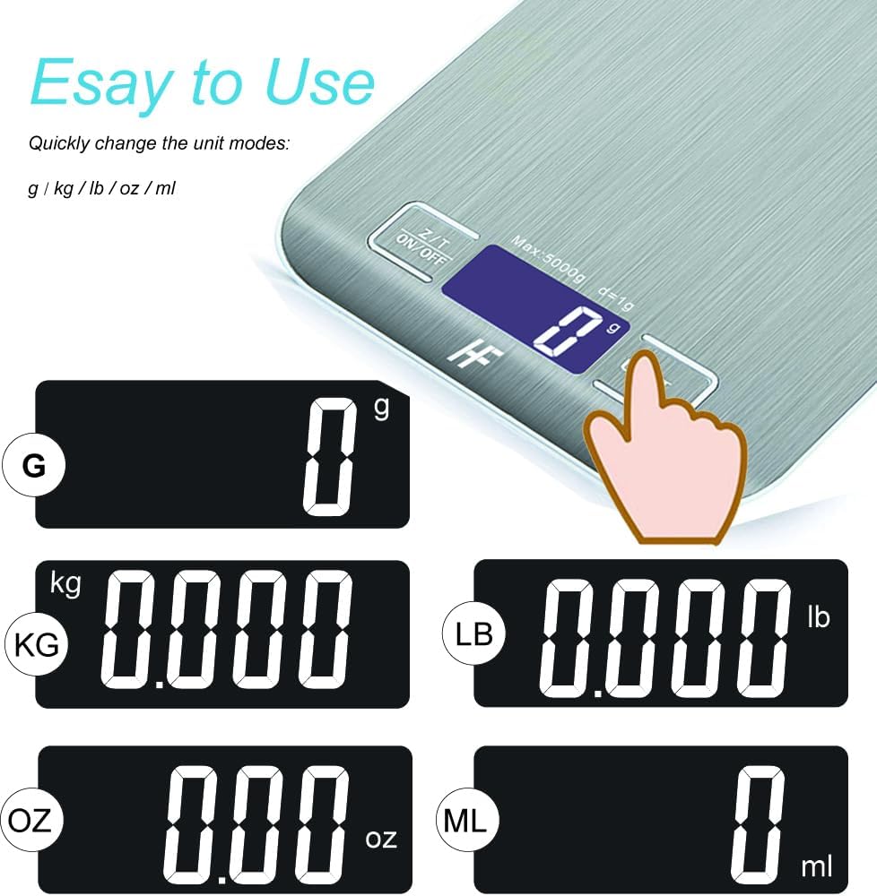 HomeFashion - Balance cuisine acier inox - 5000g/1g - écran LCD, tare