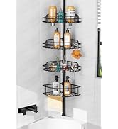 Plusieurs vues d'un panier de douche d'angle avec de multiples étagères, montrant l'installation et la capacité de rangement. Finition chromée avec niveaux réglables et matériel de montage.