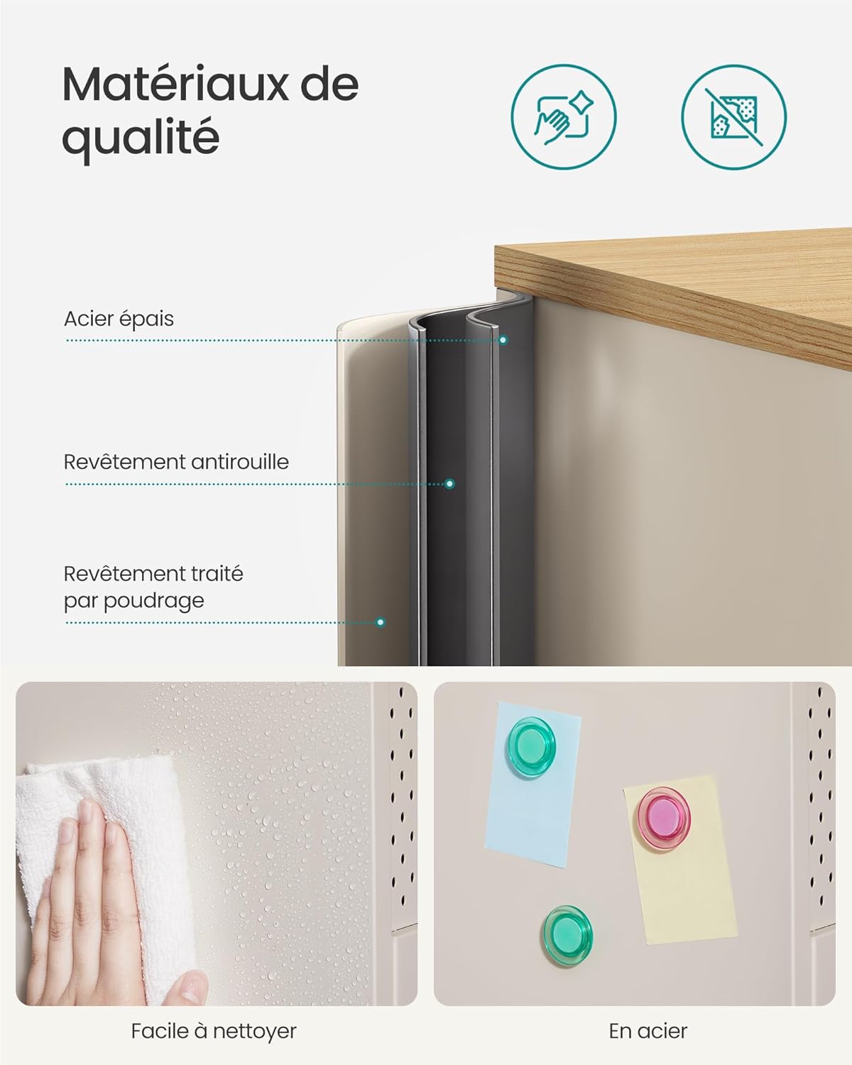 SONGMICS - Meuble de rangement double porte métal, 40x80x76 cm, beige, fermeture magnétique LSC102L01