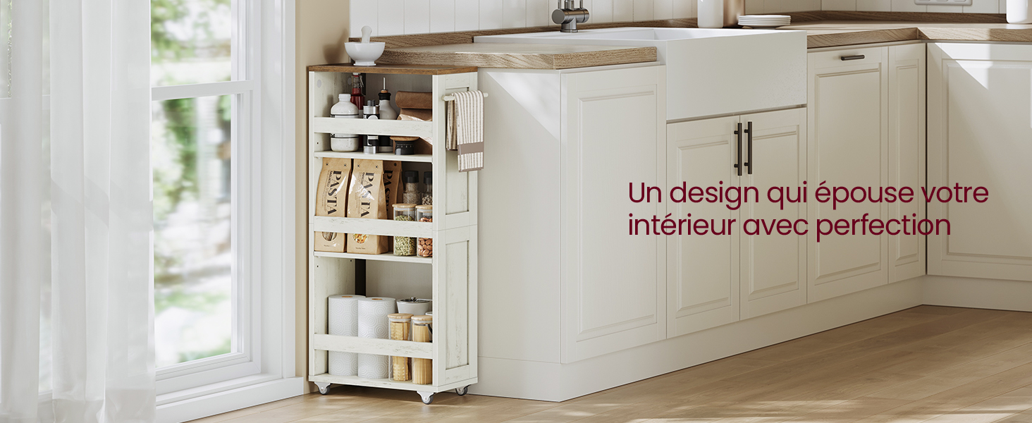 Le texte se lit comme suit : « Image 4 » et « Un design qui épouse votre intérieur avec perfection ». Solution de rangement pour la cuisine comprenant un organiseur coulissant avec plusieurs étagères.