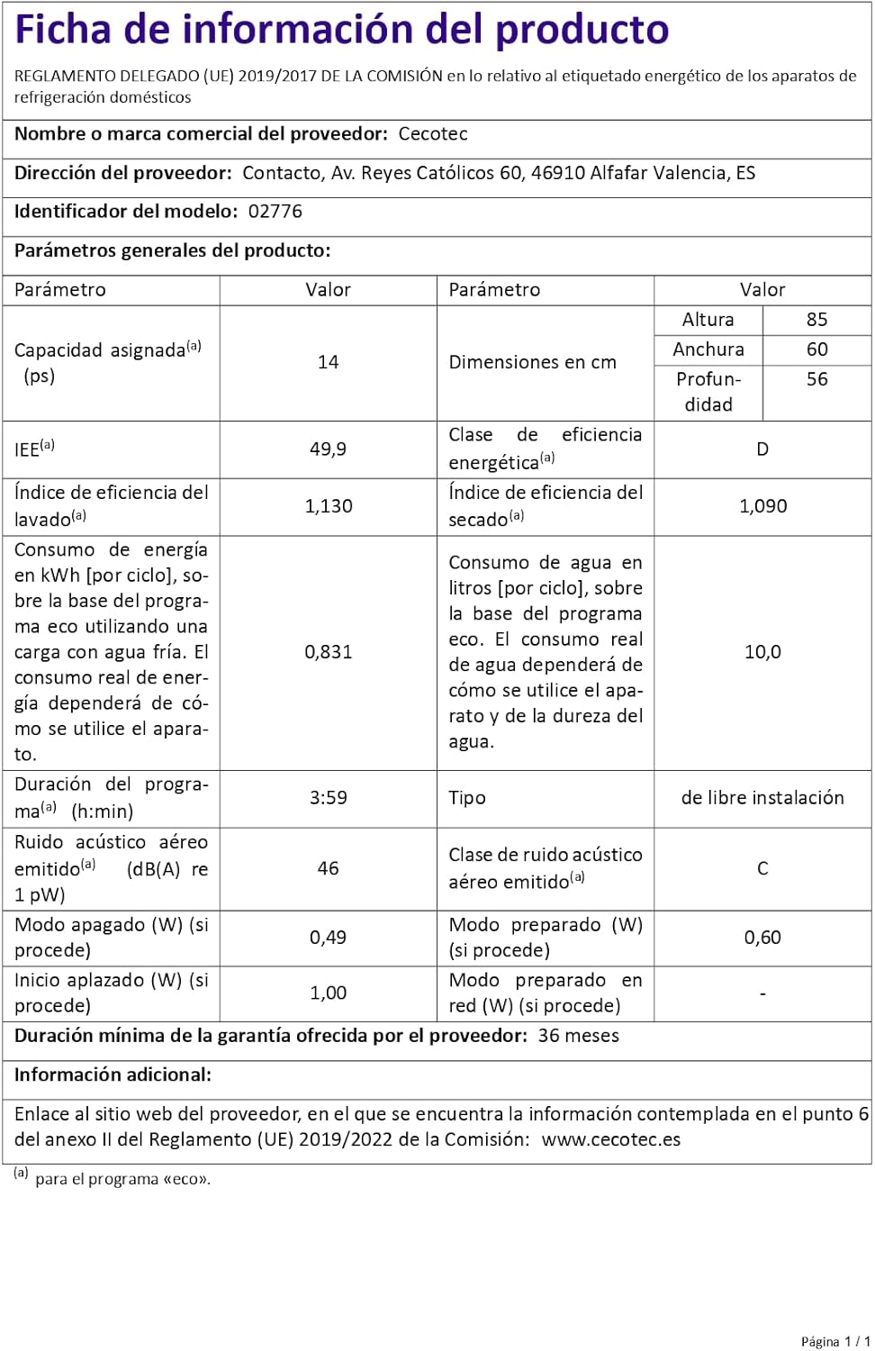 Cecotec - Bolero Aguazero 6200 - 60 cm - 14 couverts, 6 programmes
