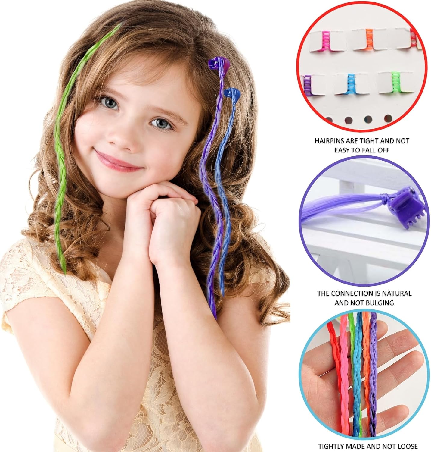 Extension à clip cheveux colorés - 36 pièces - mèches colorées pour enfants - KEYRI36