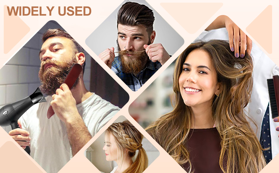 Collage d'images de coiffure et de toilettage disposées en quadrillage diagonal avec une superposition de texte « LARGEMENT UTILISÉ ».