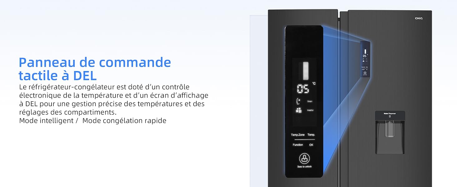 avec panneau de commande à écran tactile. Les caractéristiques comprennent un distributeur d'eau et un affichage numérique de la température.