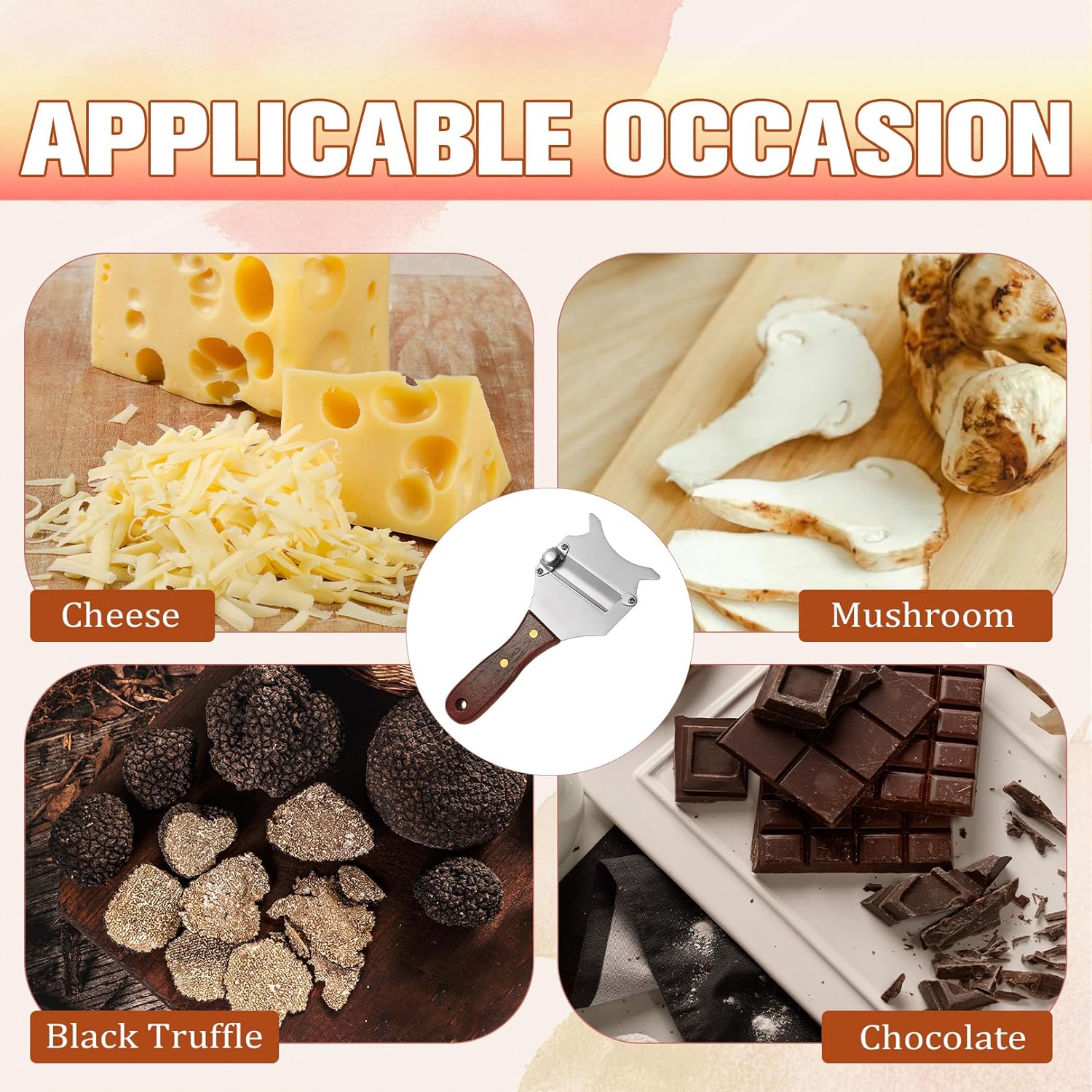 Trancheur de truffes - inox réglable, poignée bois, trou de suspension, pour fromage et chocolat