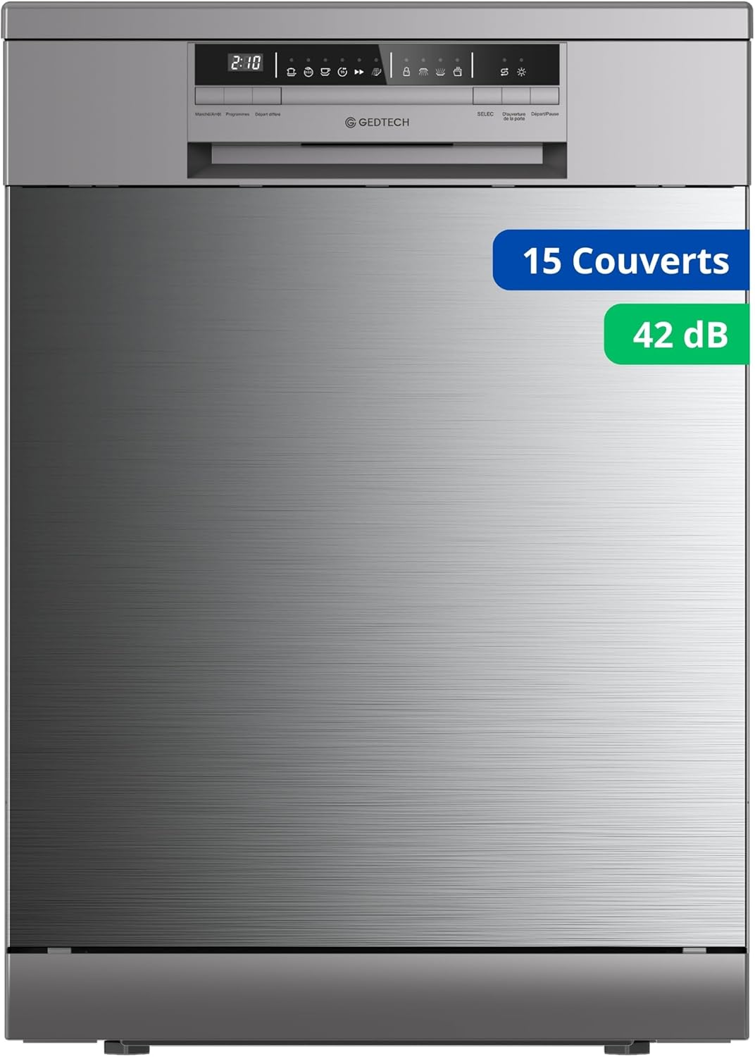 GEDTECH - Lave-vaisselle Série GLV - 15 couverts, inox, ultra silencieux, départ différé, classe C, GLV1542IX
