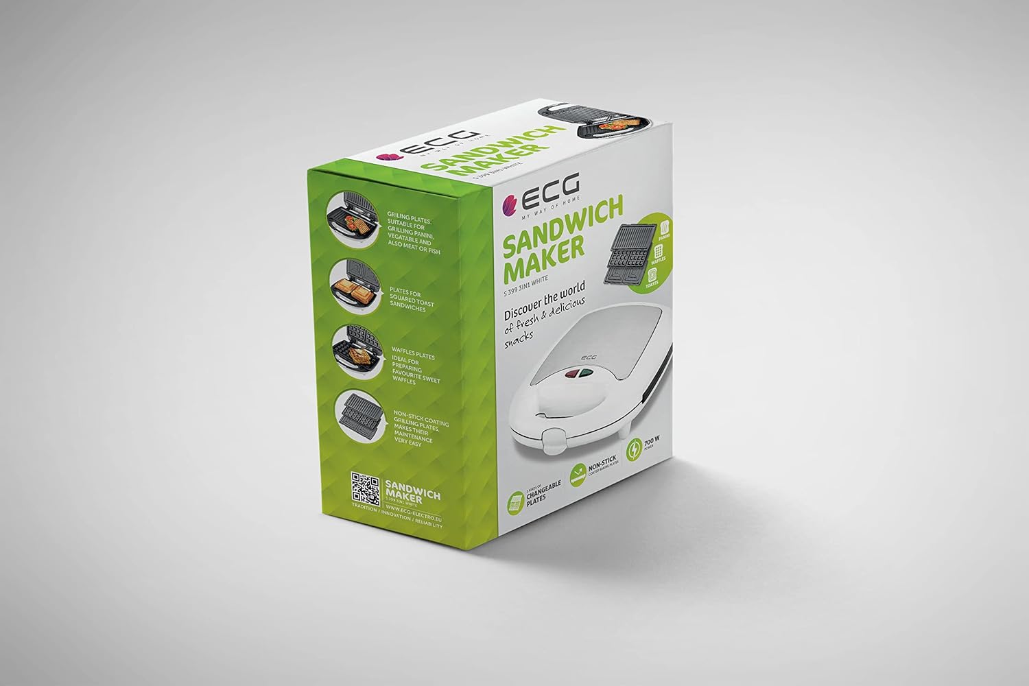 ECG - croque-monsieur 3en1 inox/plastique, blanc, multifonction - ECG399