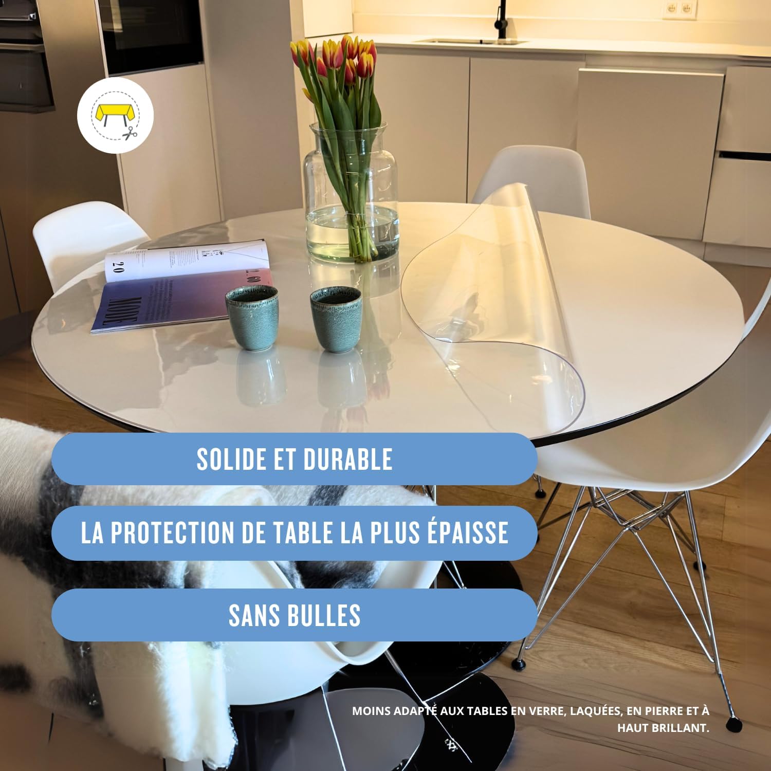 Nappe transparente ronde 125 cm, épaisseur 2mm, lavable, résistante