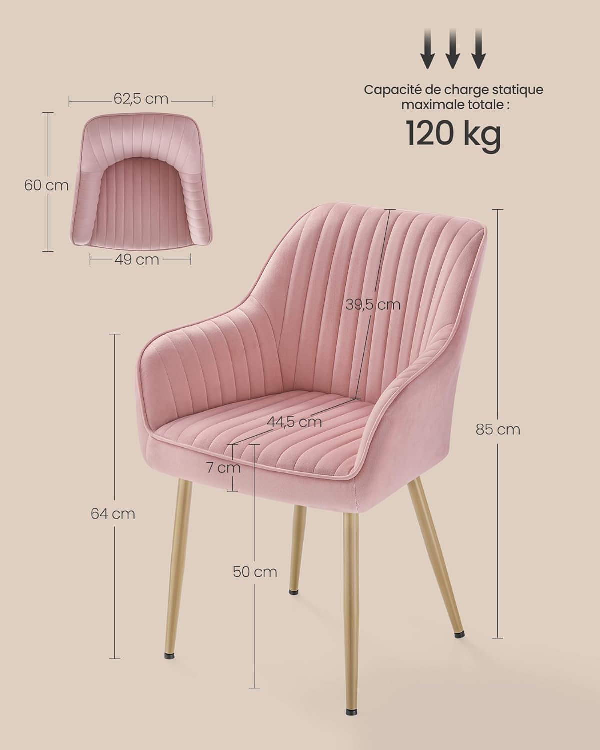 SONGMICS - fauteuil velours, lot de 6, accoudoirs, pieds métal, rose, LDC087R16