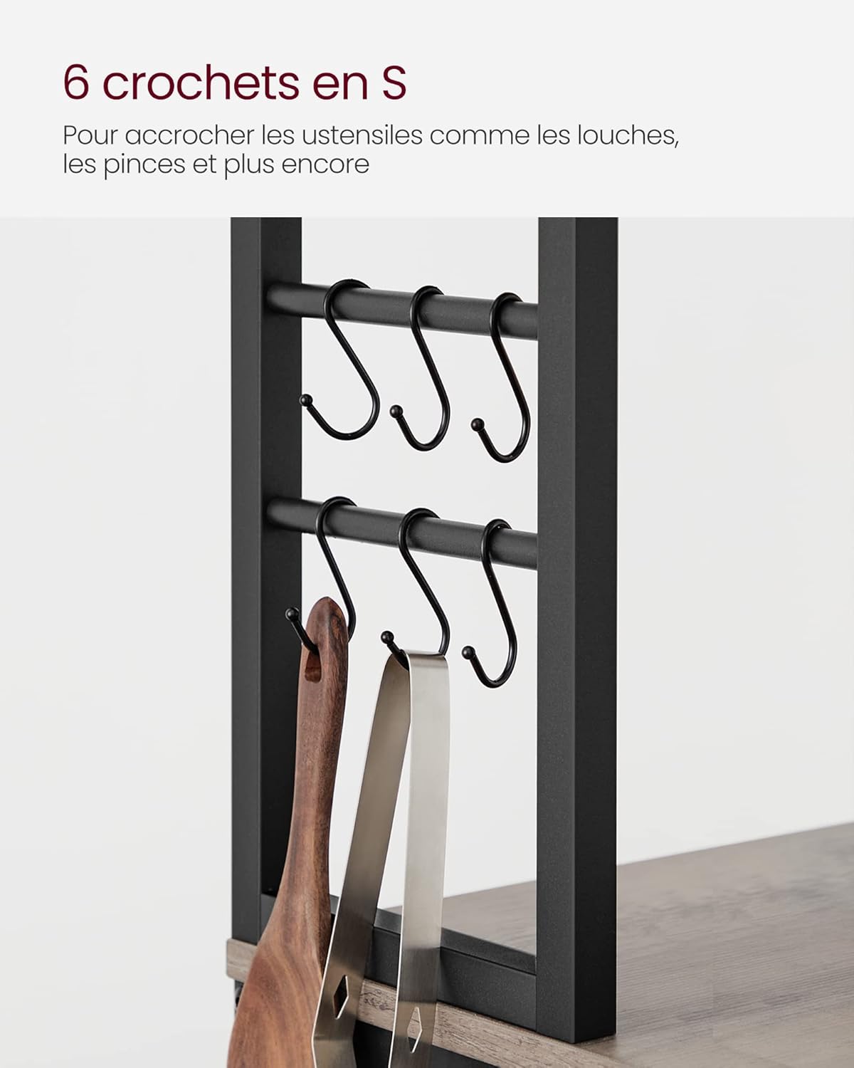 VASAGLE - étagère cuisine 40x60x167 cm, 6 niveaux, 6 crochets, acier, KKS024B02