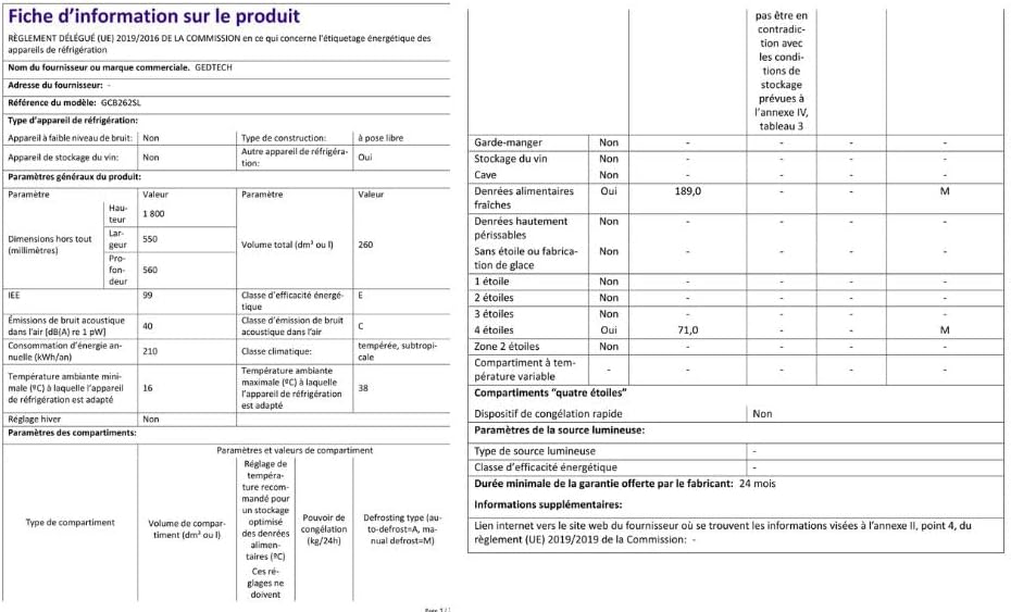 GEDTECH - Réfrigérateur combiné bas - 262L - Classe E - GCB262SL