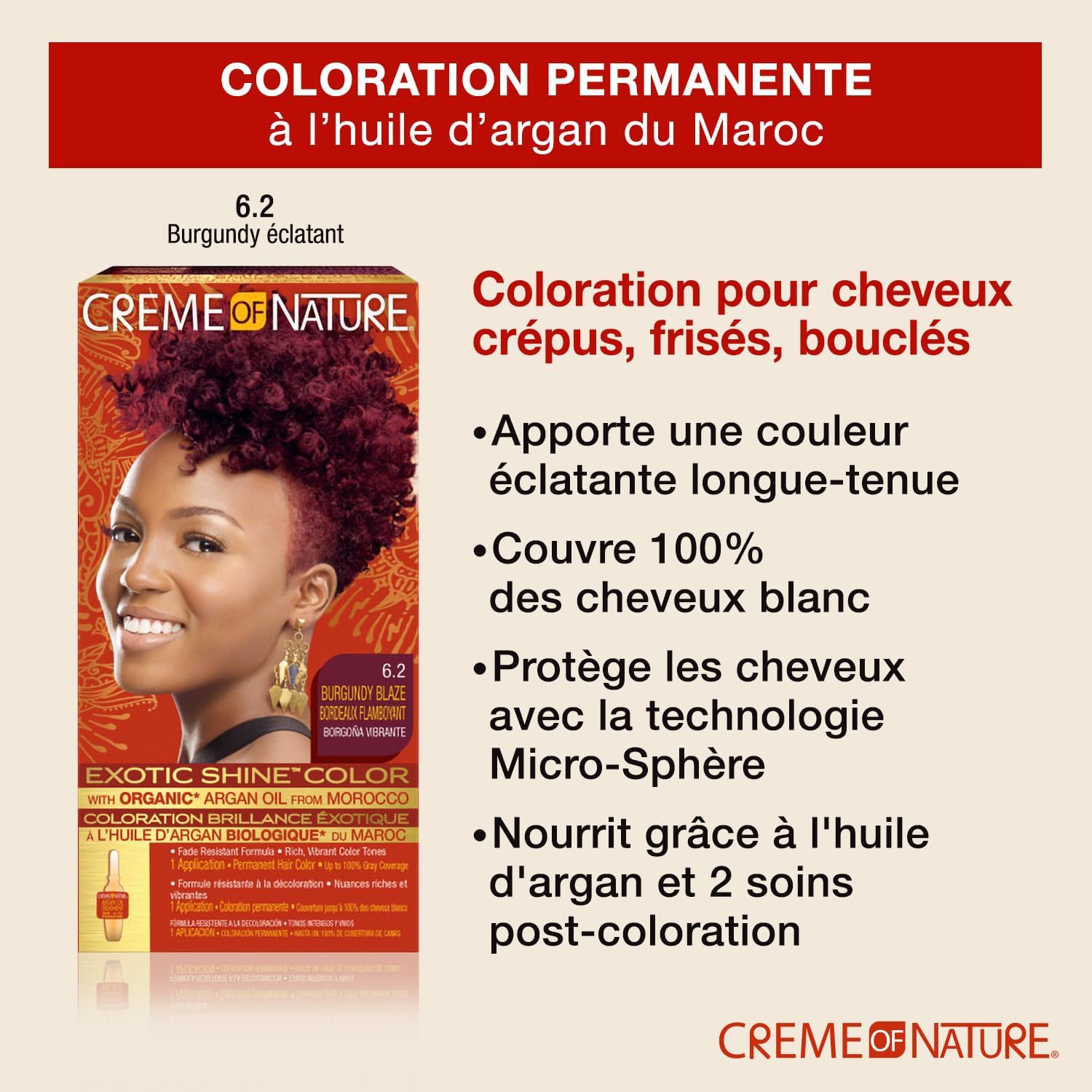 Creme of Nature - Argan Oil - coloration permanente cheveux bouclés, couvre 100% cheveux blancs, 6.2 Burgundy