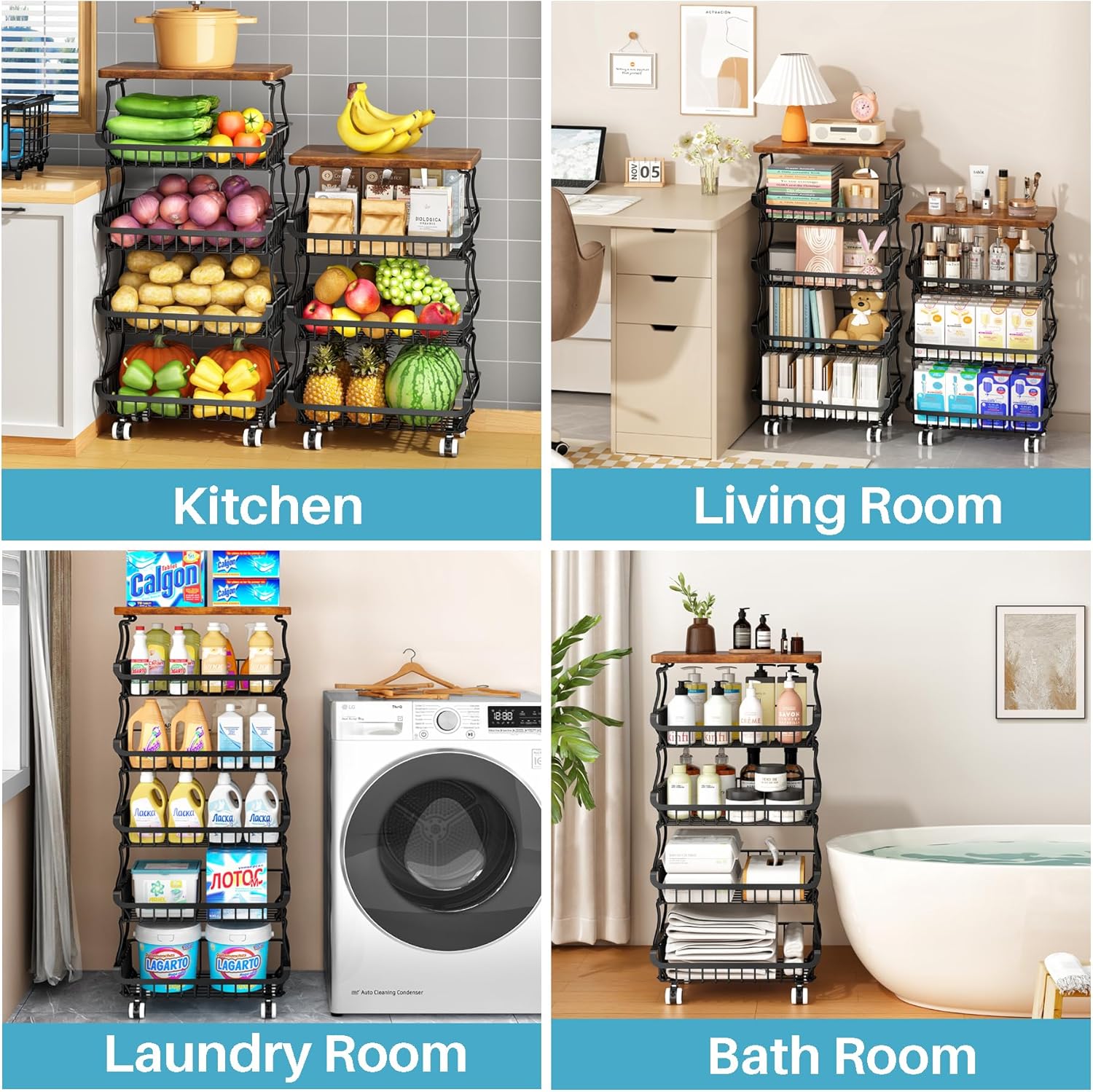 Organisateur de cellier - rangement 6 niveaux - empilable à roulettes, modulable 3+3 à 6+0 - pour cuisine et salle de ba