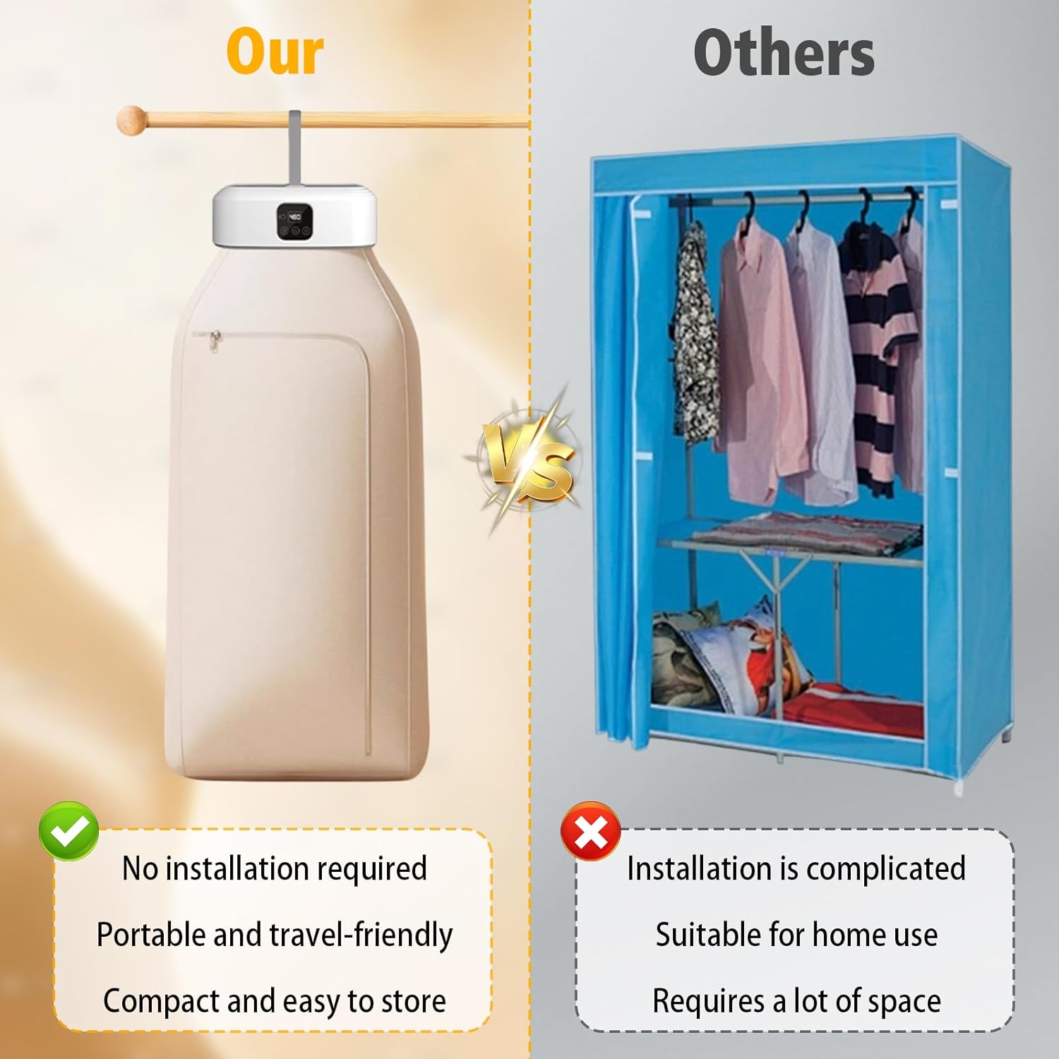 Sèche-linge portable pliable, minuterie 8h, UV, LED, chauffage PTC