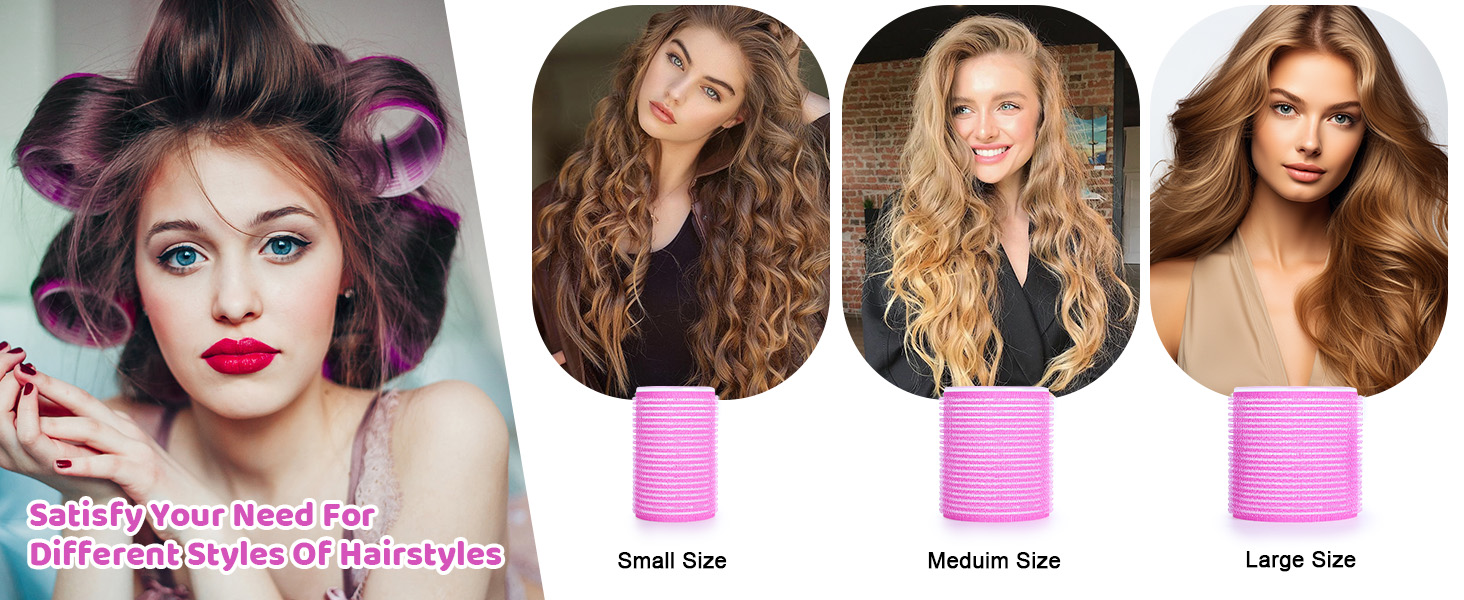 Des rouleaux à cheveux roses en trois tailles avec des exemples de coiffures. Le produit présente différentes tailles de boucles obtenues à l'aide de petits, moyens et grands rouleaux pour différentes textures et longueurs de cheveux