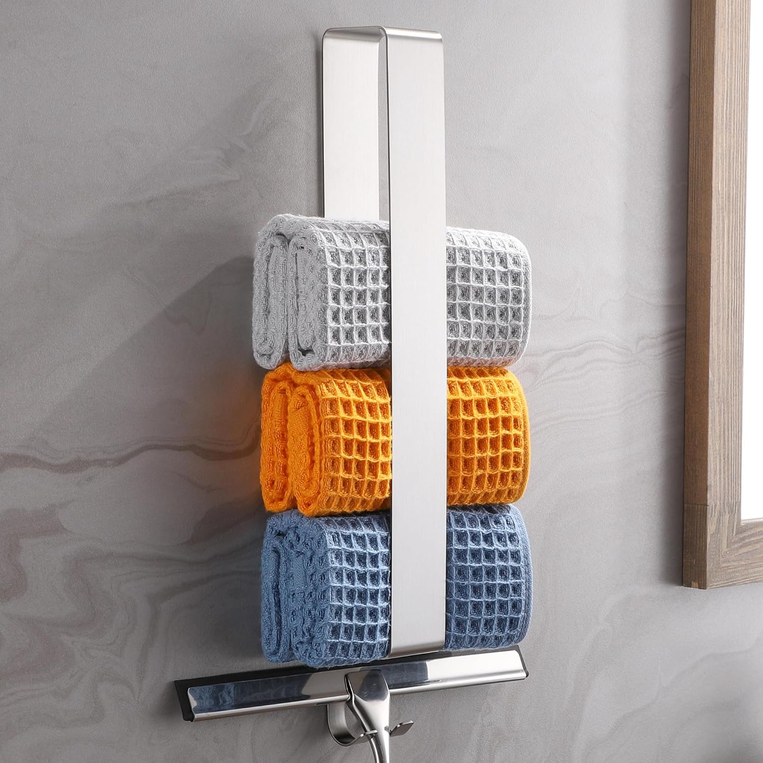 Porte-serviettes sans perçage - inox 304 brossé - argent - adhésif, crochets