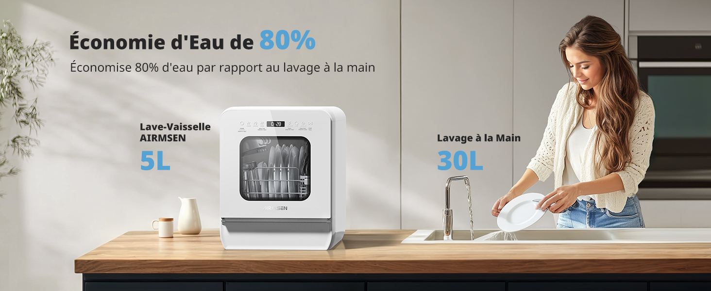 Lave-vaisselle de comptoir compact blanc présenté en configuration cuisine, avec un texte indiquant la fonction d'économie d'eau à 80 %