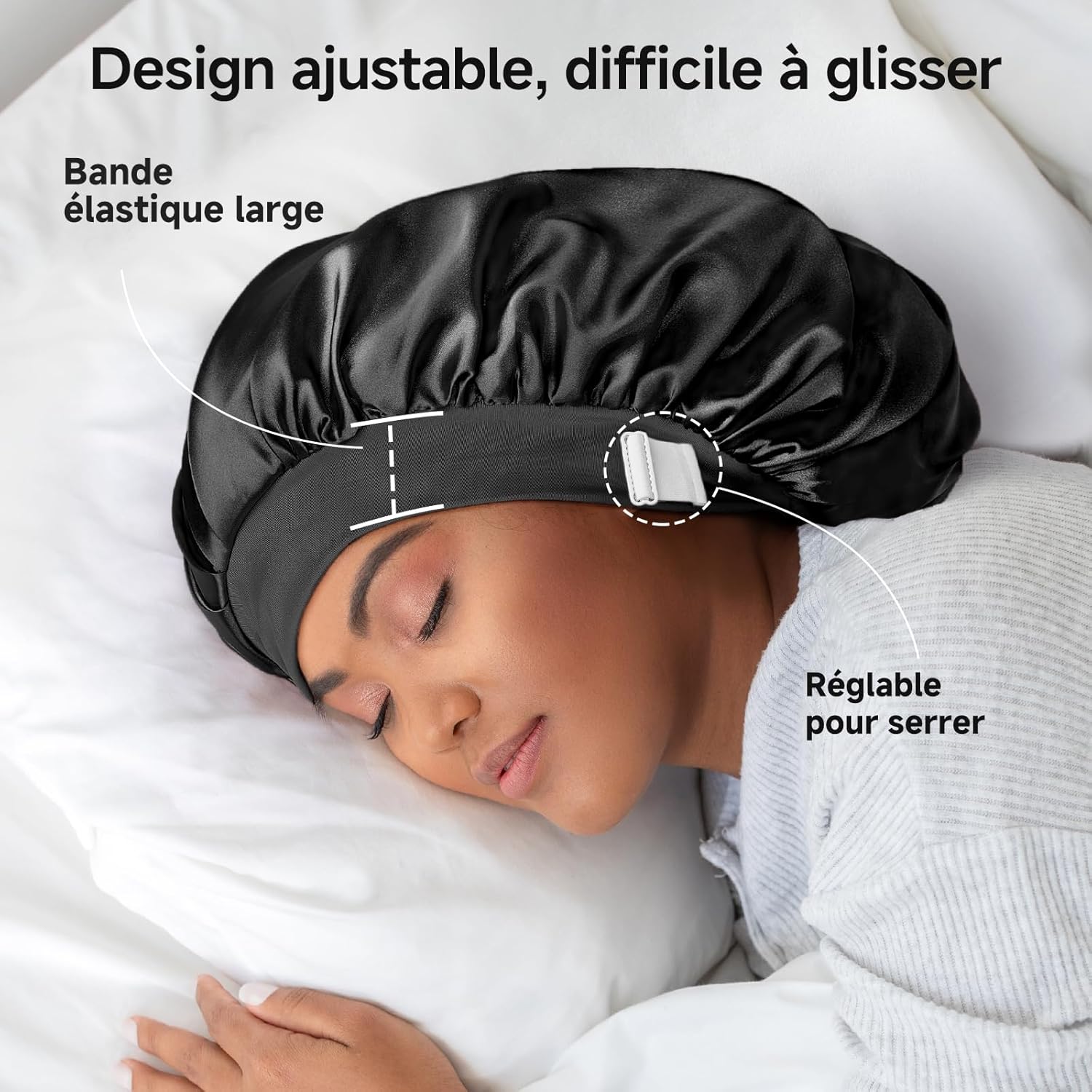 Umisleep - Bonnet nuit soie 22 Momme - grande taille - double couche, large bande, ultra-doux, noir/violet