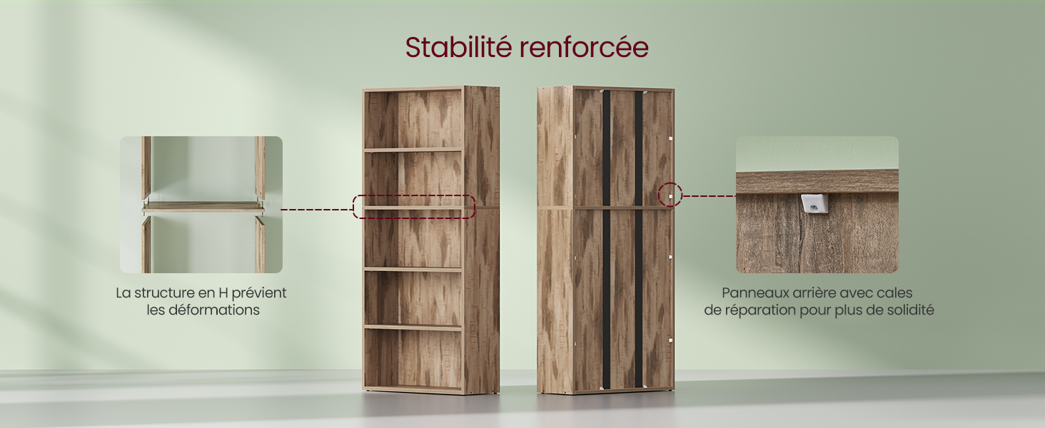 Trois portes en bois montrant des étapes de renforcement progressives, affichées sur un mur vert pâle avec le texte français « Stabilité renforcée ».