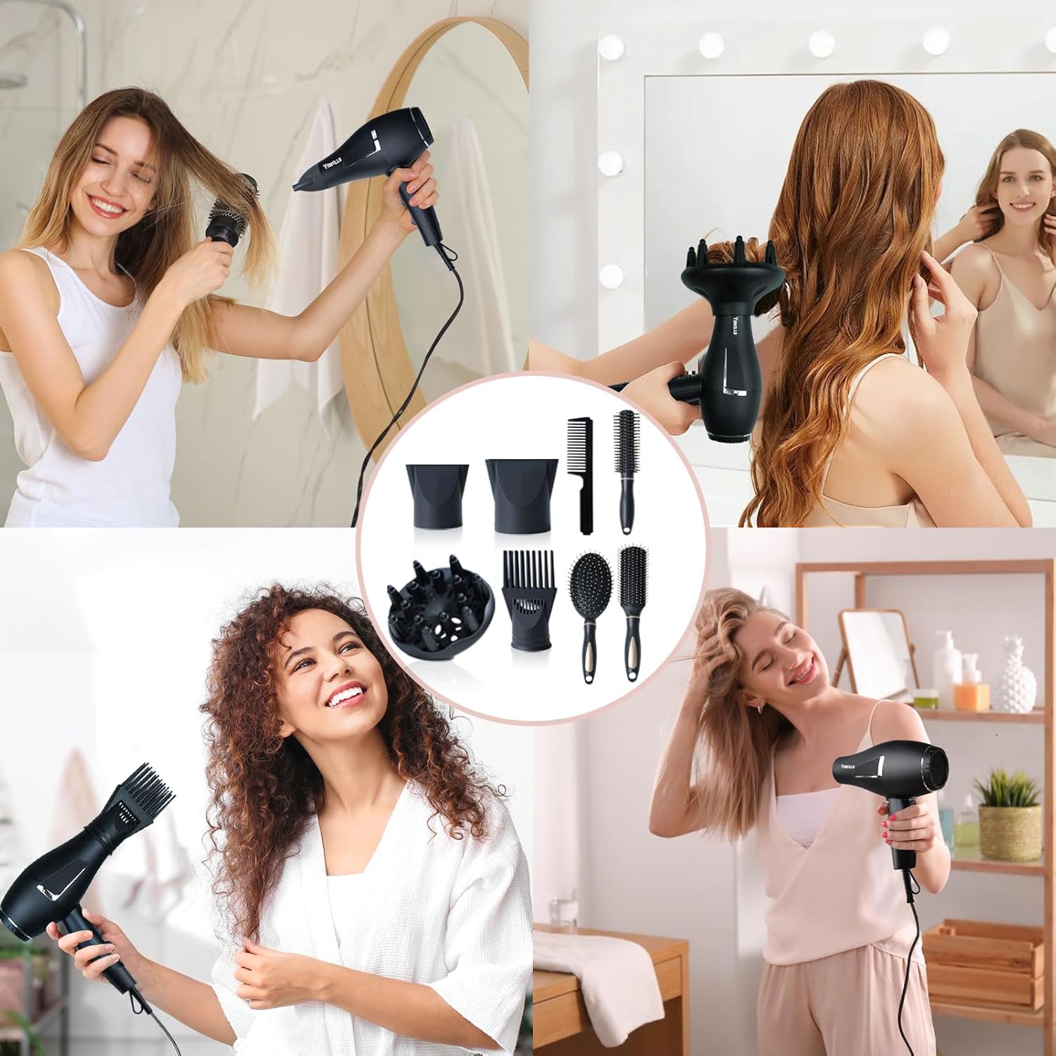 Sèche-cheveux ionique - 2100W - 2 concentrateurs, 4 peignes, diffuseur, bouton froid, Séchage rapide