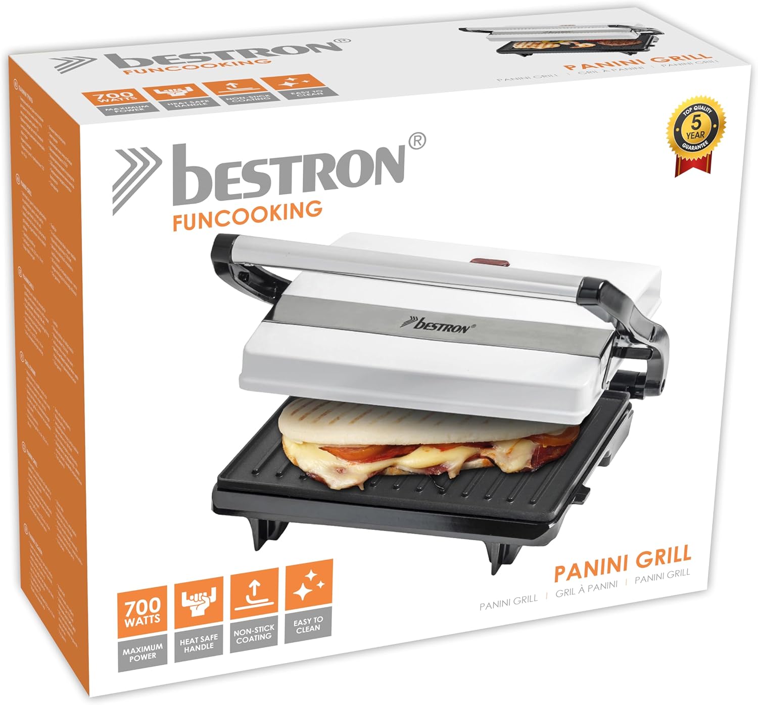 Bestron - Panini APM123W - poignée Cool-Touch, 700W, blanc, antiadhésif