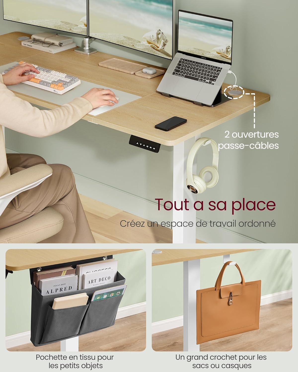 SONGMICS - bureau électrique série LSD - 160x70 cm - hauteur réglable, mémoire 4 positions, doré chêne LSD136Y01