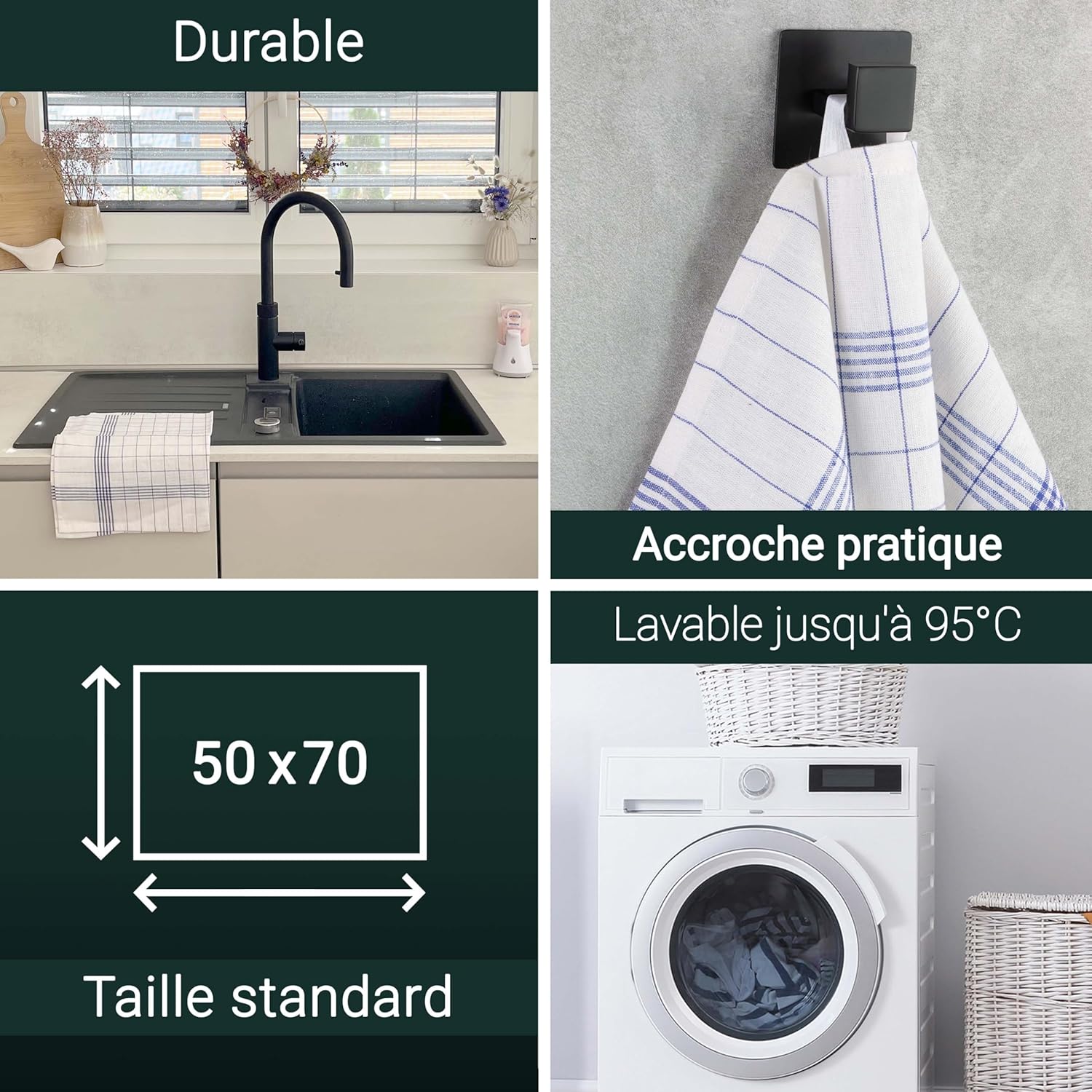 ZOLLNER - Set de torchons cuisine, 50x70 cm, coton, bleu à carreaux