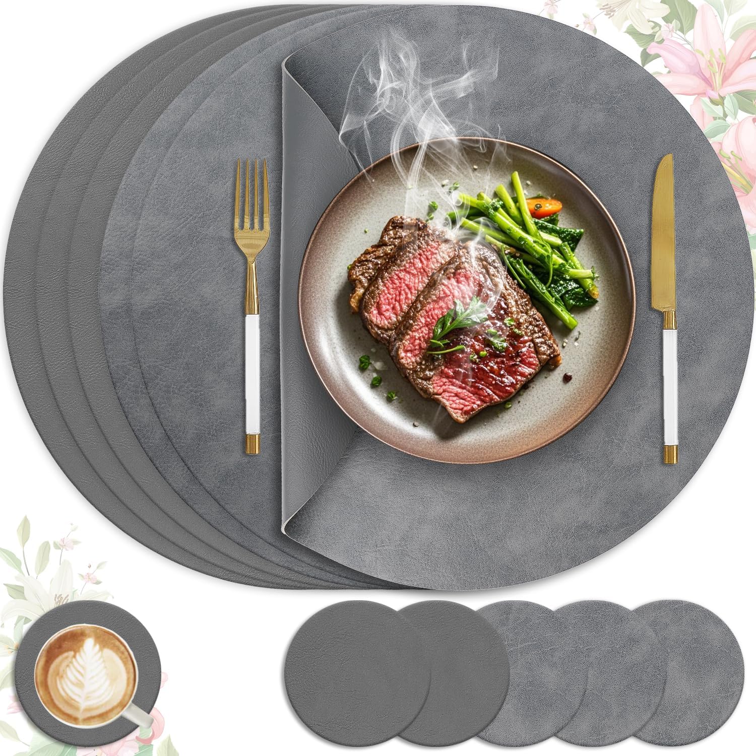 Set de table - lot de 6, cuir PU double face, 36x36cm, lavable et antidérapant